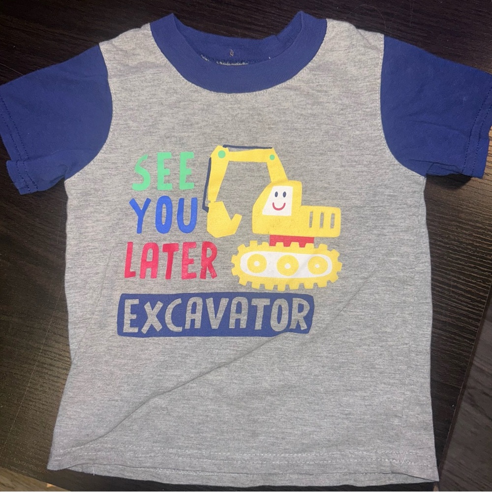 Vintage Kids Excavator Graphic T-Shirt - Gray & Blue 12 Months